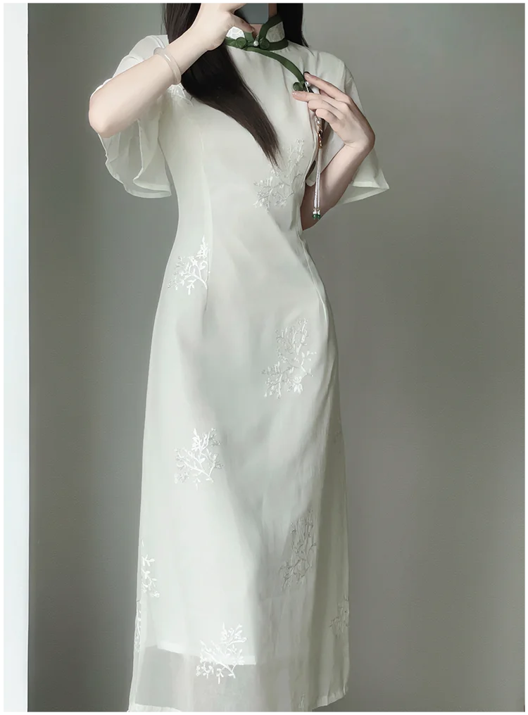 Women White Chiffon Embroidered Inverted Long Sleeve Qipao 2023 Summer New Cheongsam Chinese Style Girl Wen Wan Lady Dress - Seprincess