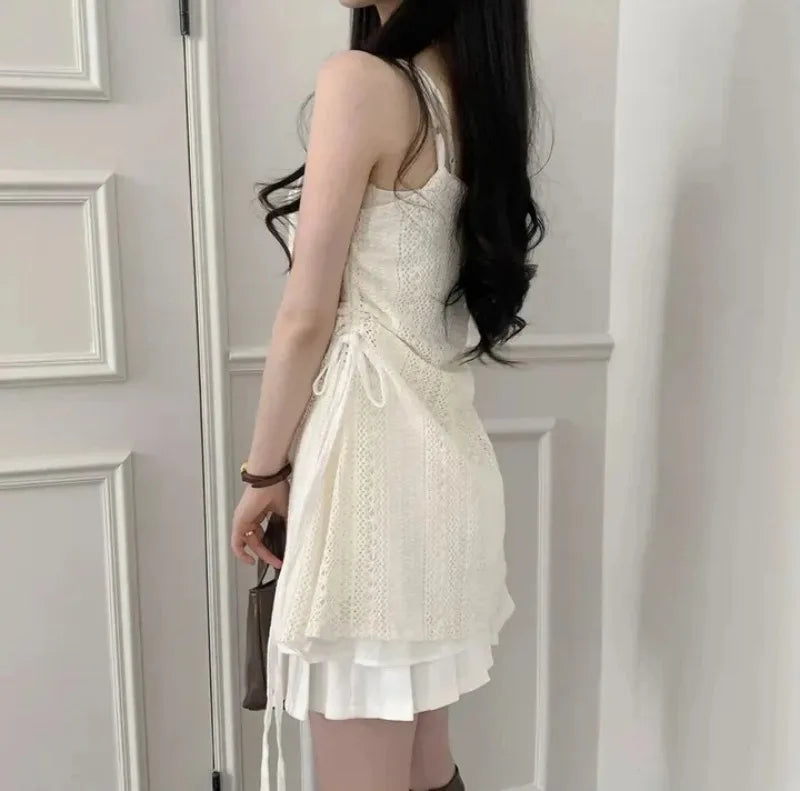 Summer Dress Women Chic French Lace Stitching Sling Shirt Stacked Gauze Knitted Dress Overskirt Inner Wear Base Short Dress - Seprincess