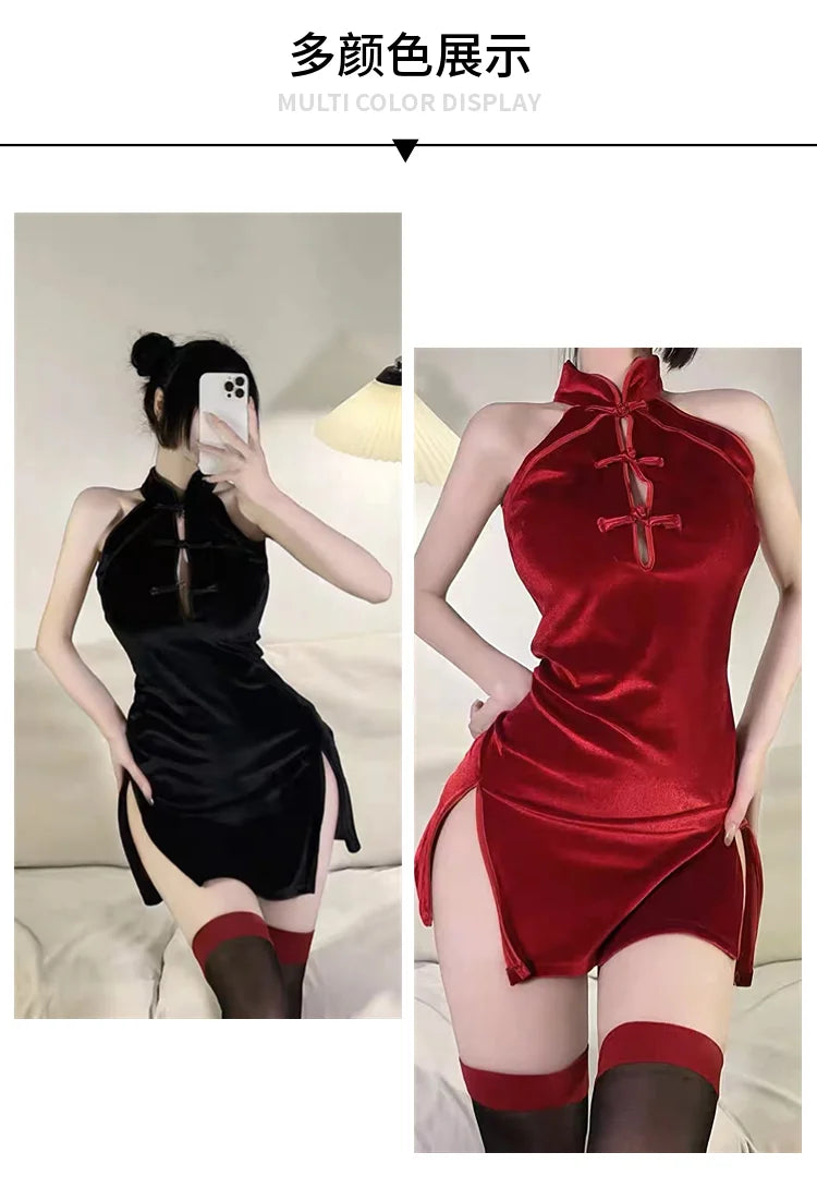 Women Qipao Velvet Wrap Buttocks Dress High Slit Thin Sleeveless Red Black Cheongsam Chinese Chinoiserie High Waist A-line - Seprincess