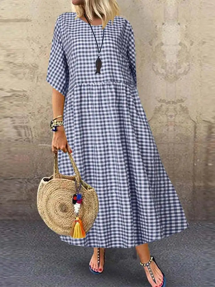 ZANZEA Women 2024 Summer Bohemian Maxi Dress Elegant Plaid Check Printed Robe Fashion Casual Holiday A Line Long Dress Oversize - Seprincess