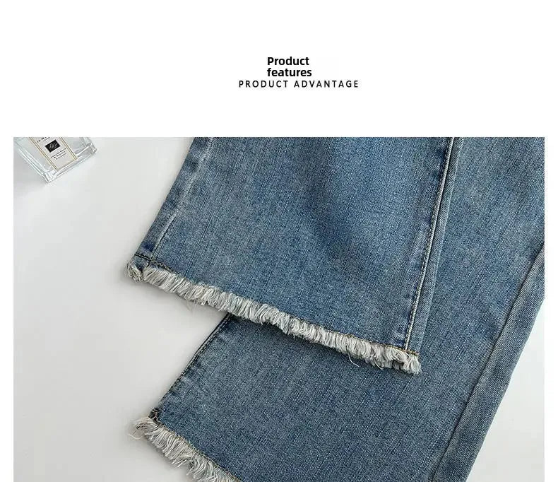 Summer New Fringe Jeans Women's Student High-waisted Elastic Slimming Bootcut Pants Vintage Thin Bell-bottom Pantsins