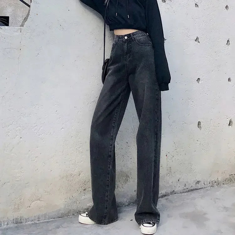 Petite Straight-Leg Jeans Women's Vintage High-Waisted Loose-Fit Bell Bottoms Autumn Season New Style Taller Legging Pants