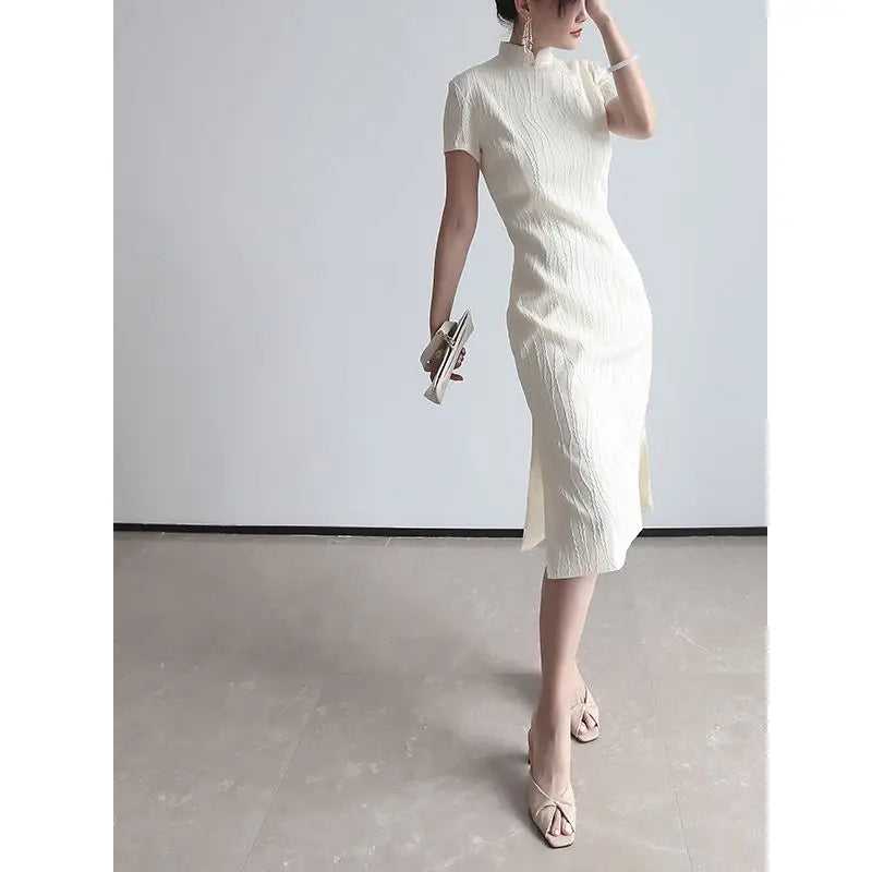 2024 new Chinese qipao dress vestidos elegant vintage cheongsam white OL cheongsam dress short sleeve modern qipao dress - Seprincess