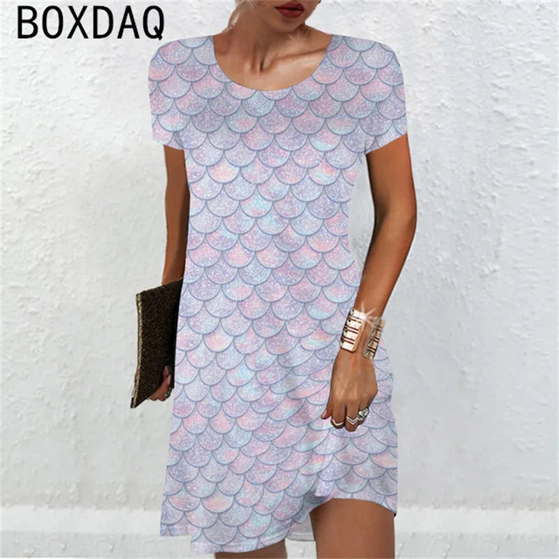 Women Short Sleeve O-Neck A-Line Mini Dress Sexy Snake Colorful Scale Pattern Printed Dress Large Size Lady Casual Sundress - Seprincess