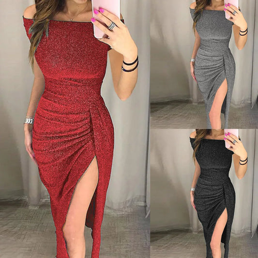 Elegant Asymmetrical Split Pencil Dresses Women's Sexy Off Shoulder Long Sleeve Bodycon Evening Party Long Dress Prom Club Dress - Seprincess