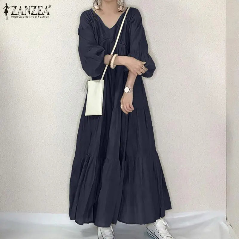 ZANZEA Vintage Ruffle Dress Women's Spring Sundress Casual Puff Sleeve Maxi Vestidos Female V Neck Robe Elegant Long Dresses - Seprincess