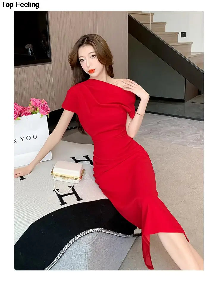 Elegant Off Shoulder Evening Party Dresses Women Summer Fashion Slim One Piece Solid Vestidos Korean Graduation Robe Clothing - Seprincess