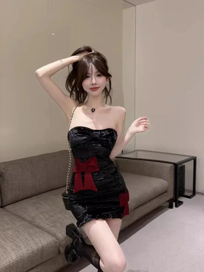 velvet Temperament Korean Style Sweet Fashionable Strapless Bow Tie Straps Folds Wrap Buttocks Tight Fitting Dress Versatile R57 - Seprincess