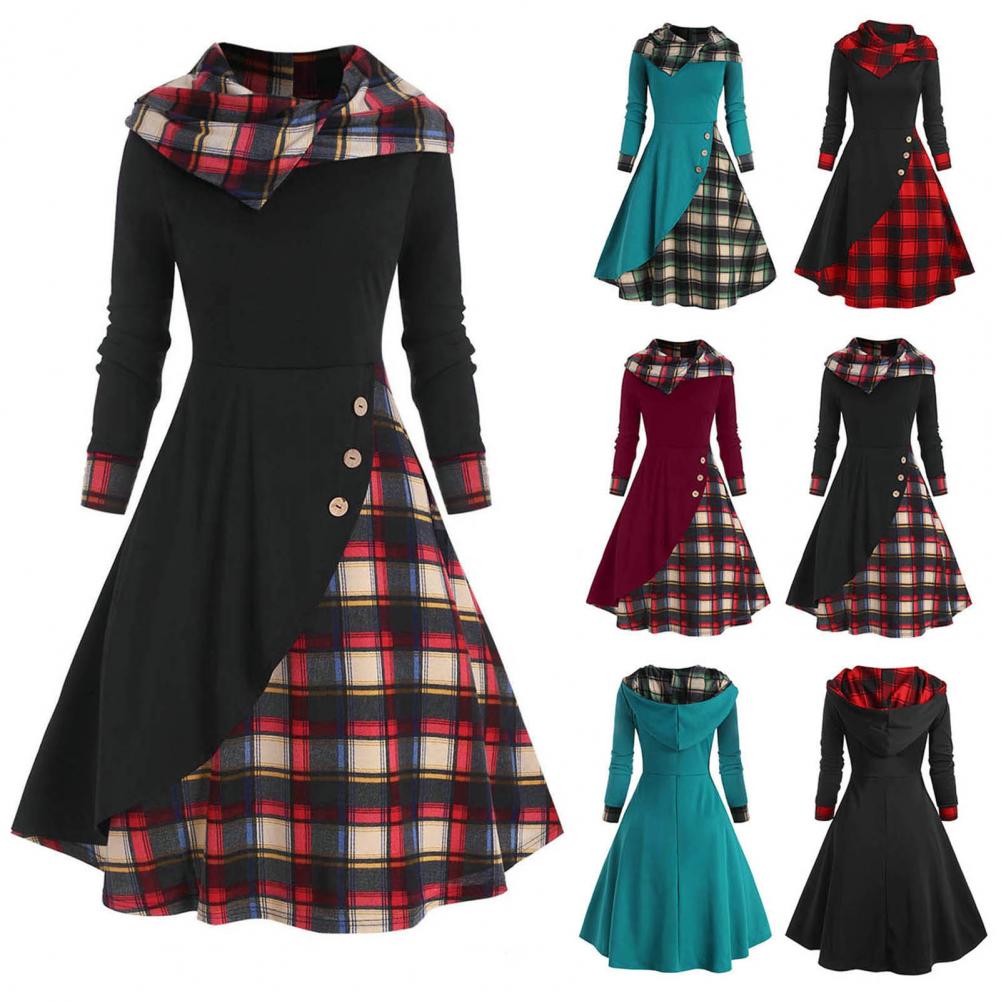 Elegant Dress Women Autumn Irregular Pile Collar Hooded Button Waist Tight Plaid Patchwork Print Large Hem Midi Dress - Seprincess