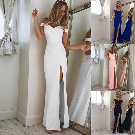 Women Split Bodycon Long Maxi Dress Party Wedding Prom Formal Elegant Solid White Off Shoulder Sleeveless Bandage Cheap Clothes - Seprincess