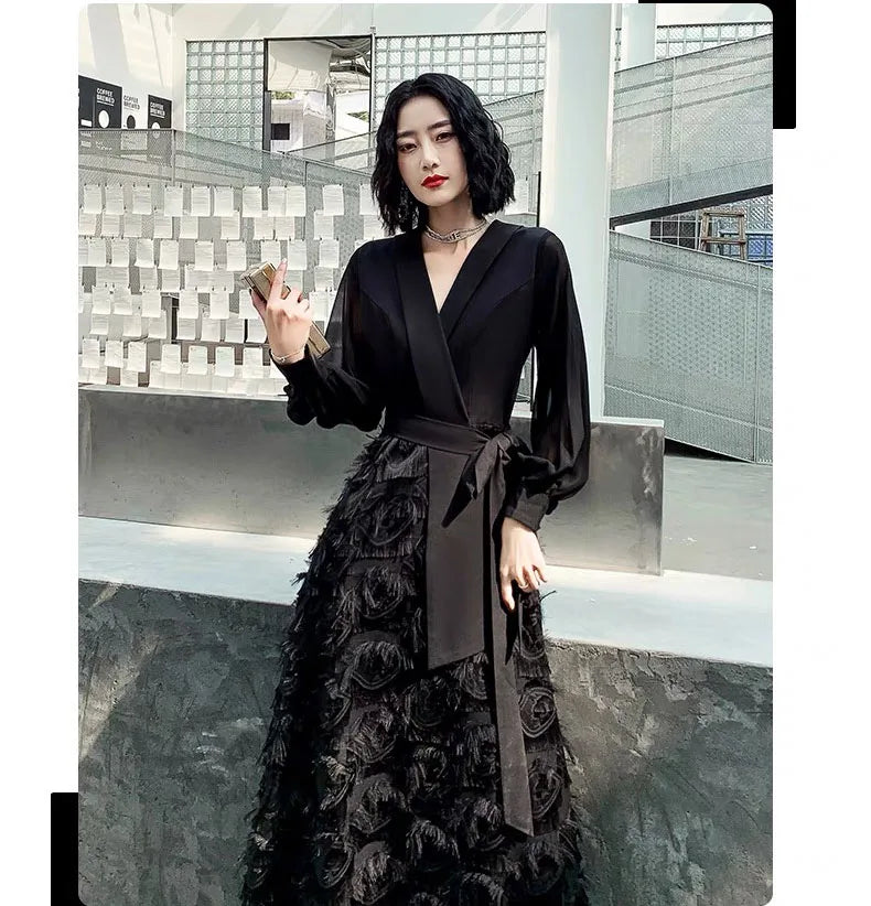 Y2K clothes designer autumn spring black maxi dresses for women traf bow V-neck tassels elegant party evening long dress vestido - Seprincess