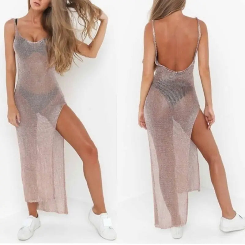 Women Sexy Summer Sunscreen Sheer Mesh Bikini Cover Up Metallic Solid Color Backless High Slit Beach Club Party Sleeveless Dress - Seprincess