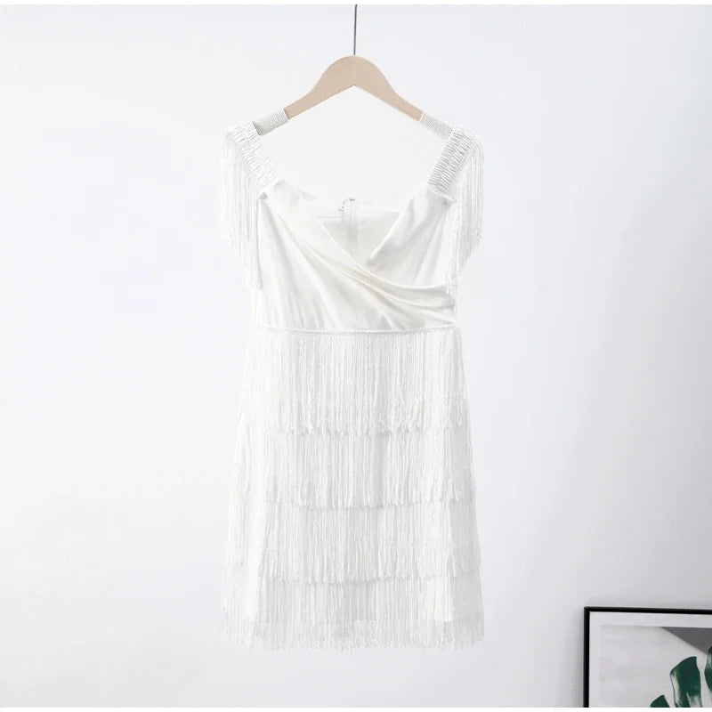 Sexy Sleeveless Bodycon Dress Women White Off Shoulder Tassel Female Short Dresses 2023 Summer Party Club Bandage - Seprincess