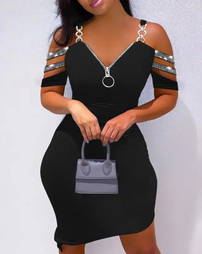 New Fashion 2023 Summer Casual Sexy Colorblock Cold Shoulder Bodycon Skinny Mini Dress Elegant Dresses for Women - Seprincess