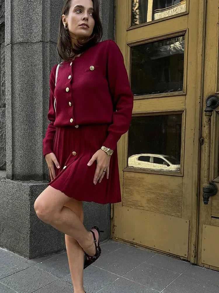 Chic Burgundy Pearl Buckle Women Mini Skirts Set Elegant Long Sleeve Knitted Cardigan Suits 2024 Female Commuting Street Outfits - Seprincess