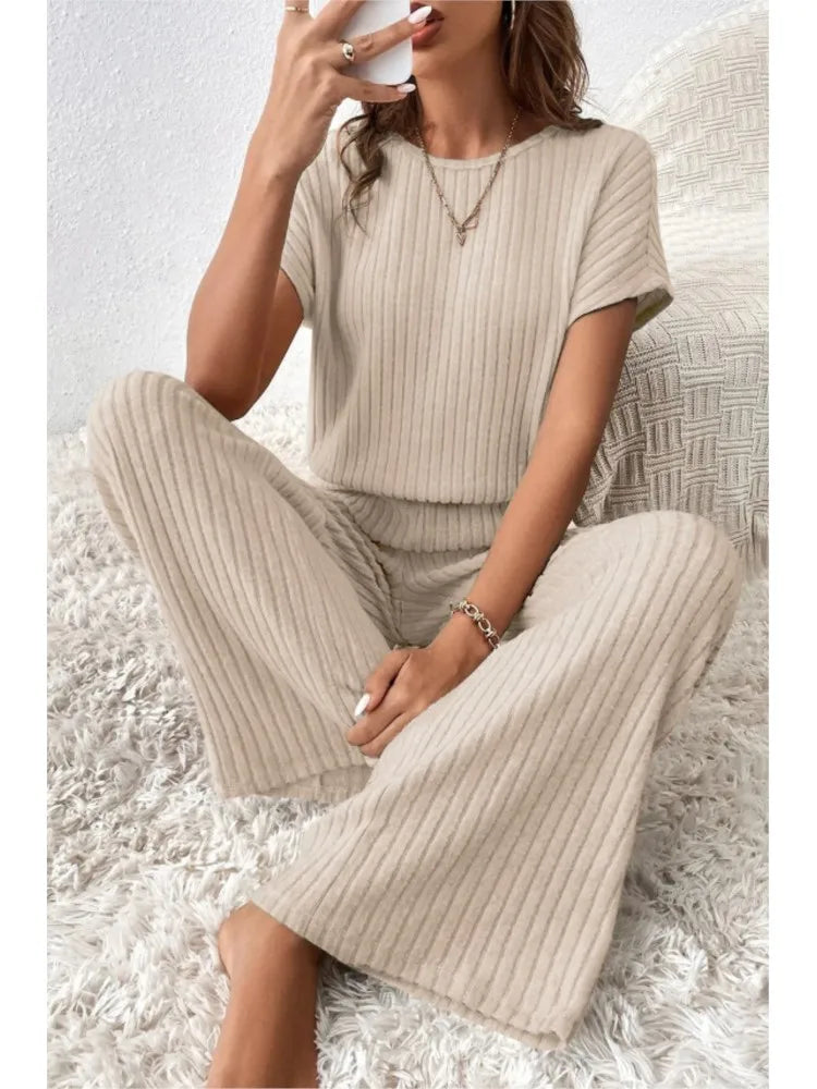 Elegant Short-sleeved Top + Trousers 2-piece Set For Women Fashion Autumn Winter Solid Color Short-sleeved Knitted Suit Female - Seprincess