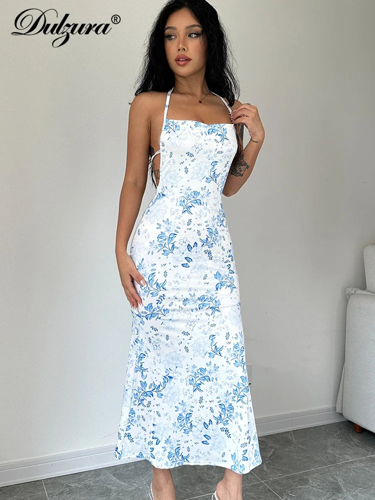 Dulzura Lace Up Halter Floral Long Dress For Women Backless Bodycon Midi Dress Sexy Party Club Outfit Streetwear Sundress Summer - Seprincess