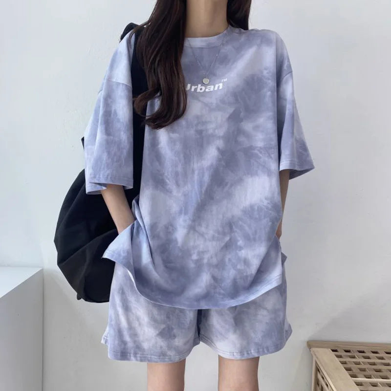 Women T-Shirt Shorts Suit Set Casual Tie Dye Loose tshirt and wide leg middle shorts with pockets female Soft Summer Shorts Sets - Seprincess