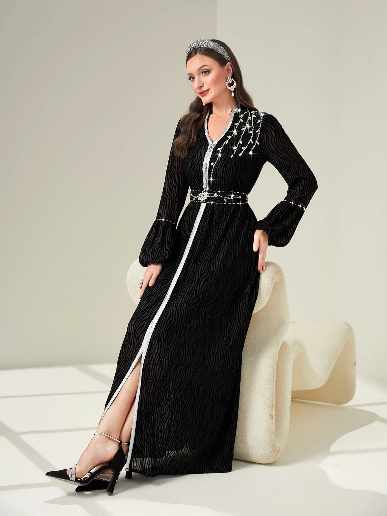 Handstitched Rhinestone Beaded Arabic Robe Vintage Ethnic Moroccan Kaftan Dubai Abaya Dress Ramadan Eid-al-Adha 2024 Party Wears - Seprincess