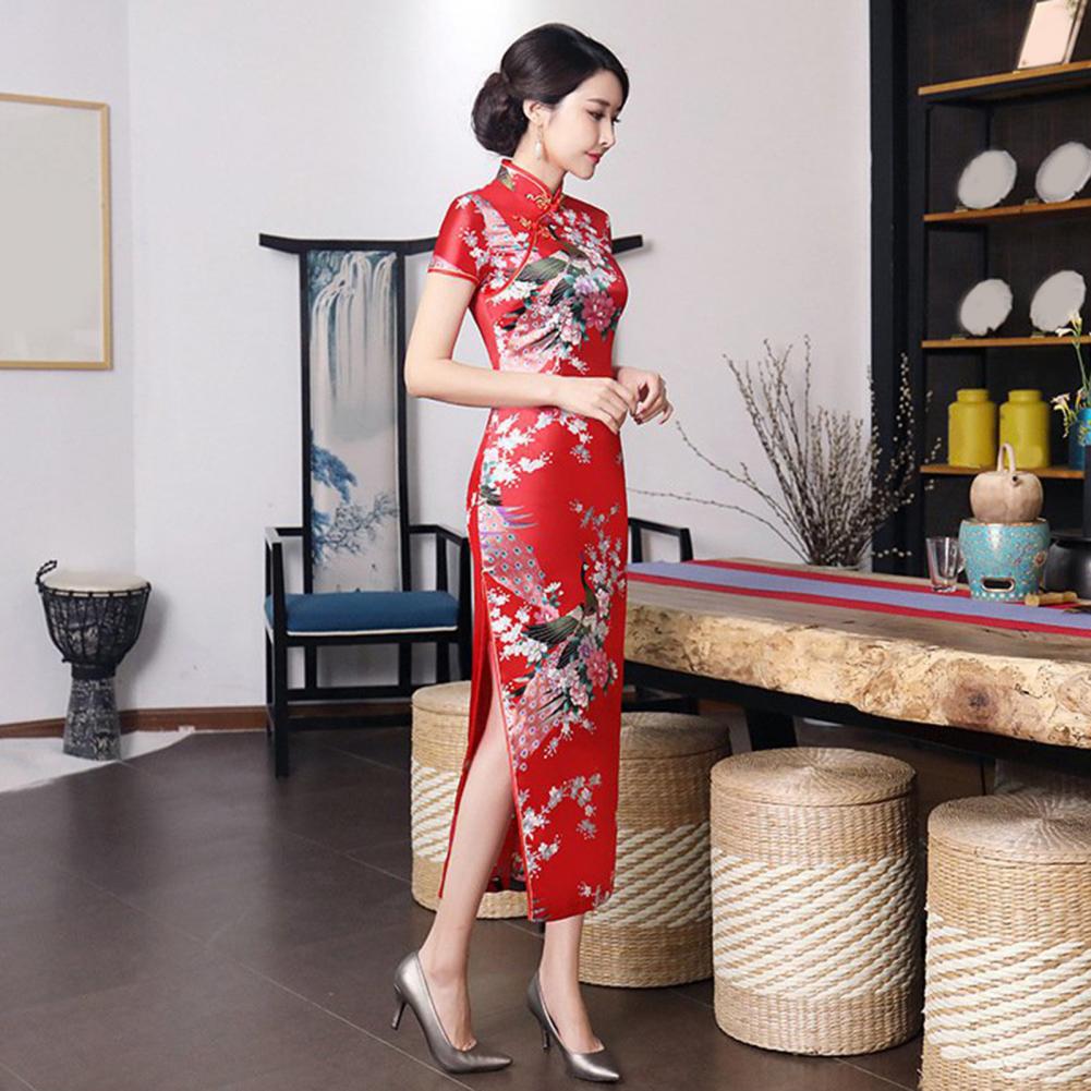 Chinese Style Qipao Satin Cheongsam Floral Embroidery Classic Wedding Evening Party Dress High Split Silky Plant Lady Dress - Seprincess