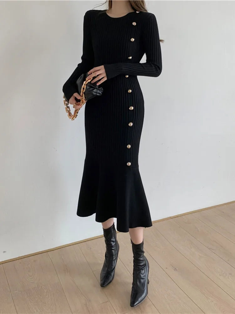 Autumn Warm Korean Fashion Woman Elegant Clothing Knitted Vintage Dresses Sweater Dress Femme Winter Vestido Feminino Thicken - Seprincess