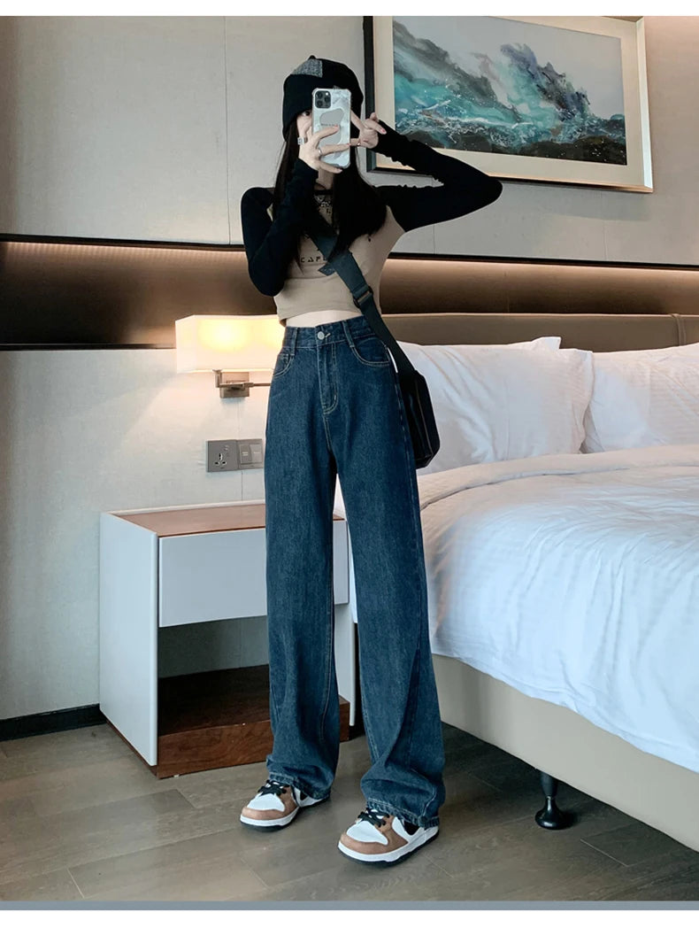 Jielur Dark Blue Straight Basic Female Jeans High Waist Slim Loose Solid Color Simple Women's Wide Leg Pants Chic Office Ladies