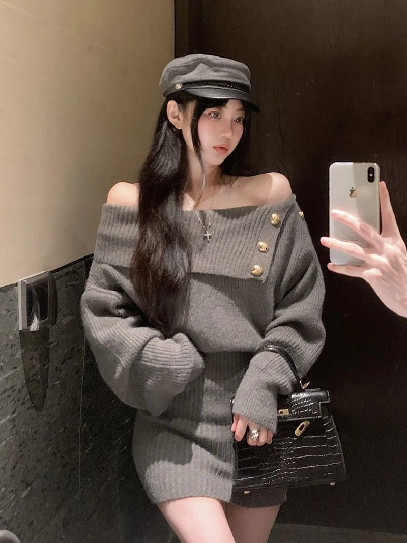 White Knitted Mini Dress Women Fashion Sexy Black Slash Neck Wrap Sweater Dresses Winter Korean Elegant Bodycon A Line Vestidos - Seprincess