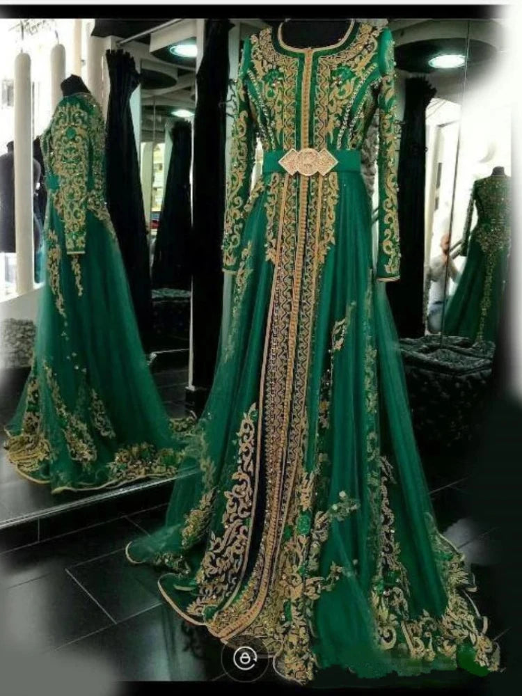 2024 Emerald Green Muslim Formal Evening Dresses Long Sleeves Abaya Designs Dubai Turkish Prom Dress Party Gowns Moroccan Kaftan - Seprincess