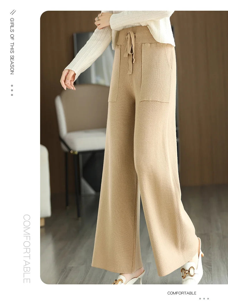 Women's Merino Wool Knitted Pants Office Lady Simple High Waist Straights Trousers Cashmere Wool Autumn Winter Thick Knitwear