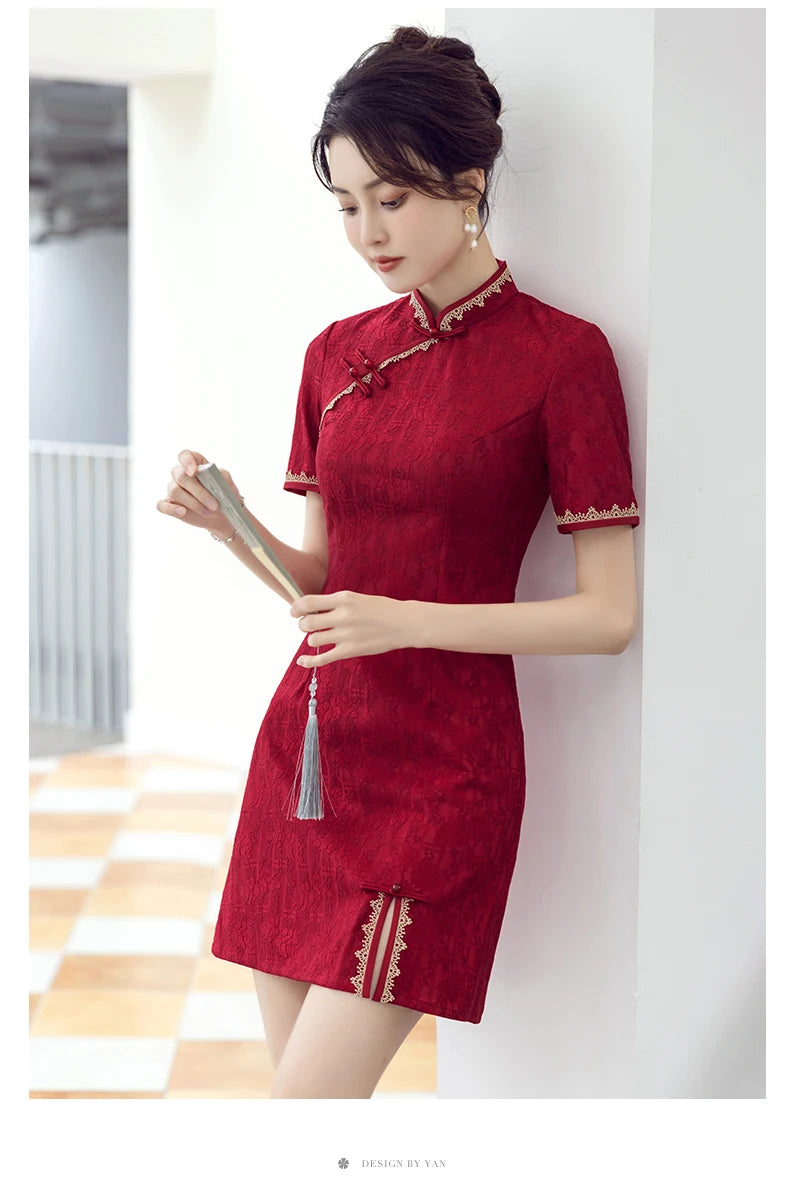 Traditional Chinese Clothing Red Cheongsam Summer New Modern Improved Young Short Qipao Dress New Year CNY - Seprincess