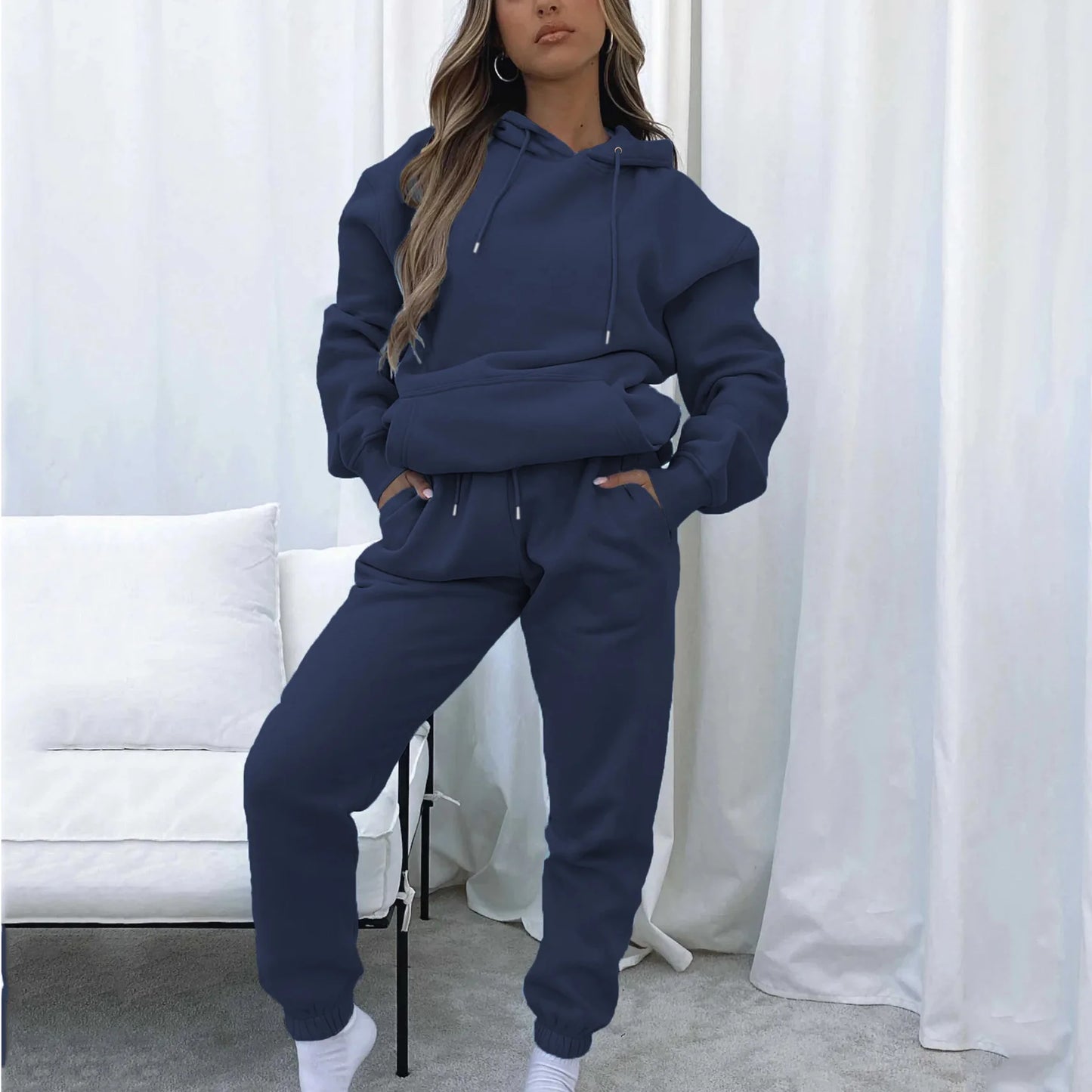 Women Two Piece Sets Tracksuit outfit Hooded Sweatshirts Pocket Drawstring Long Pants Suit Thick Casual Office Lady Autumn - Seprincess