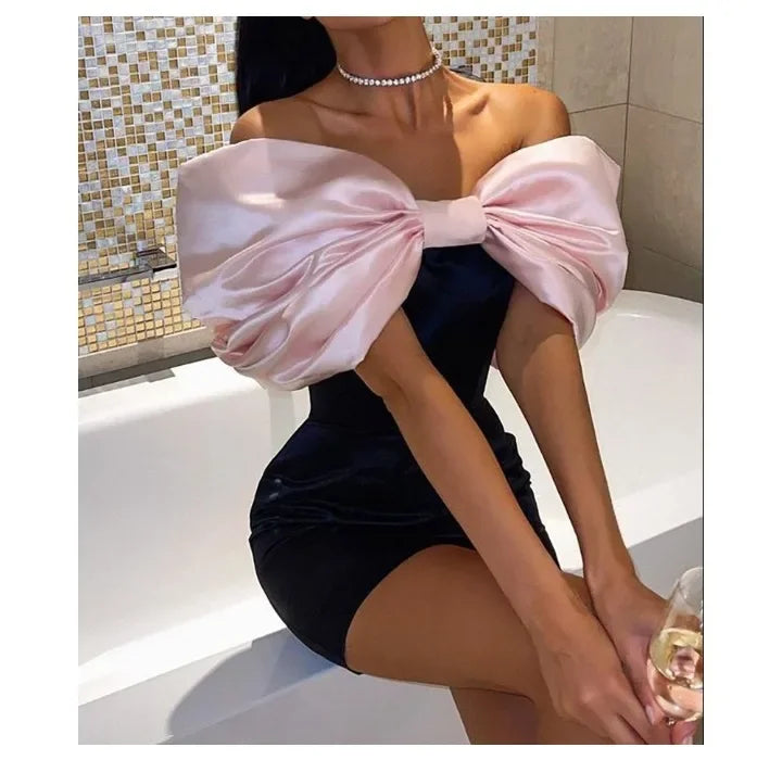 Elegant Dresses for Women Fashion New Off Shoulder Bow Wrap Hip Short Skirt Sexy Party Backless Skinny Evening Dress 2024 Summer - Seprincess