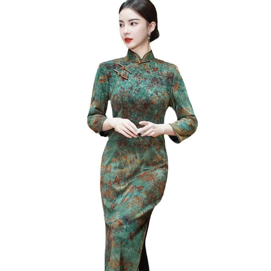 New 5 Color Women Cheongsam Improved Winter Plus Size Dress Chinese Traditional Evening Dresses Long Qipao Costume - Seprincess