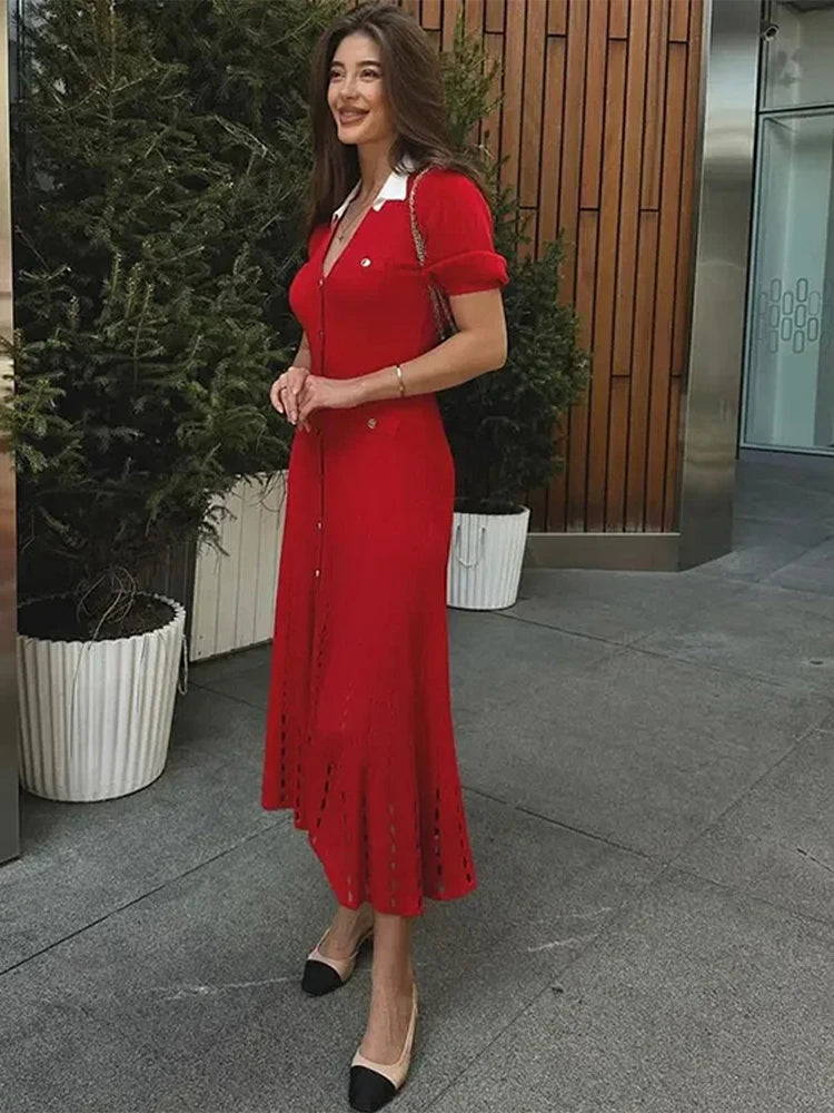 V-Neck Bubble Sleeved Knitted Beach Dresses Waist Cinched Hollowed Out Slimming Red Long Dress Single Breasted Button Women Robe - Seprincess