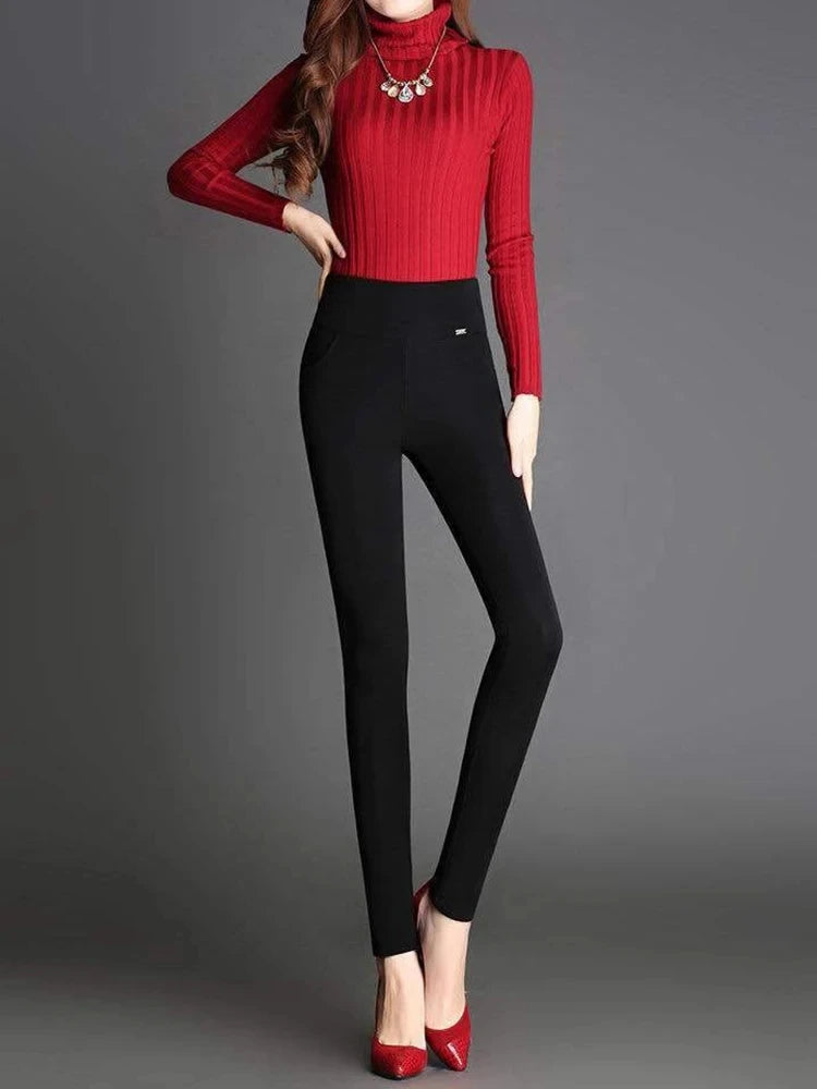 Thin&Thick Fleece Women Autumn Winter Slim Pants Solid Pocket Casual All-Match Pencil Pants Office Lady's Basic Elegant Trousers