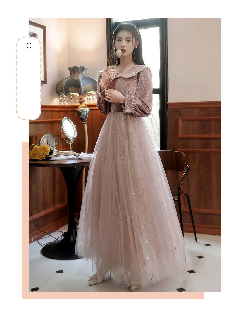 2022 New 4 Styles Bridesmaid Dress Bow Retro Elegant Long-sleeved Chic Temperament Long Evening Dress For Wedding Women Guest - Seprincess