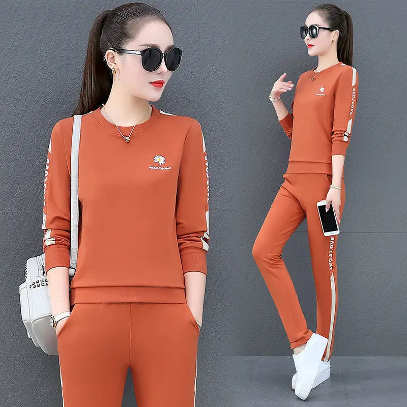 2022 Summer New Daisy Loose Pants Suit Women's Track Korean Version Splicing Long Sleeved Top and Trousers Two Piece Set - Seprincess