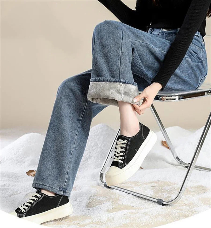 Straight Velvet Lined Baggy Jeans Pants Women Warm Plush Wide Leg Vaqueros Pantalones Thick Loose Vintage Winter Denim Trousers