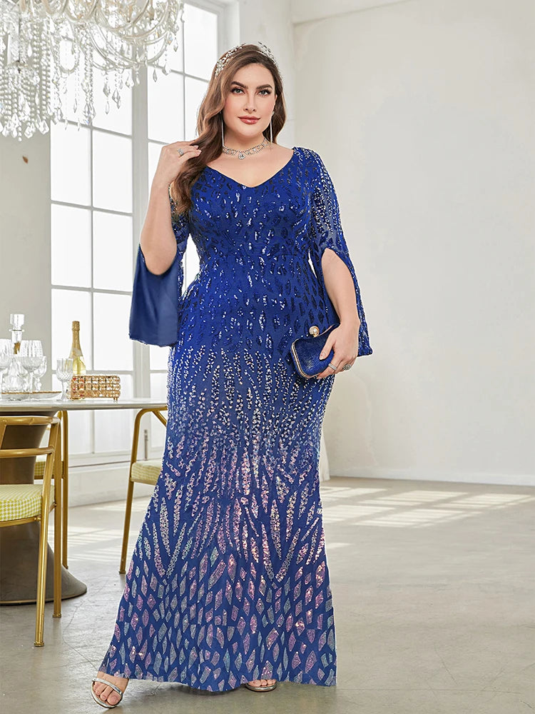 XUIBOL Plus Size Elegant Sequin Blue Evening Dress 2024 Women Formal Maxi Prom Long Sleeves Party Dress Luxury Cocktail Dress - Seprincess