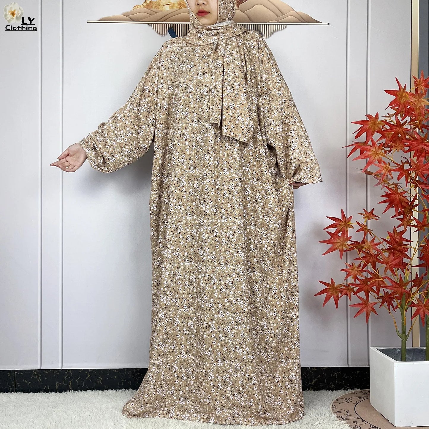 2024Latest Muslim Abayas For Women Ramadan Prayer Maxi Dubai Turkey Femme Cotton Robe Floral Loose African Dress Turban Attached