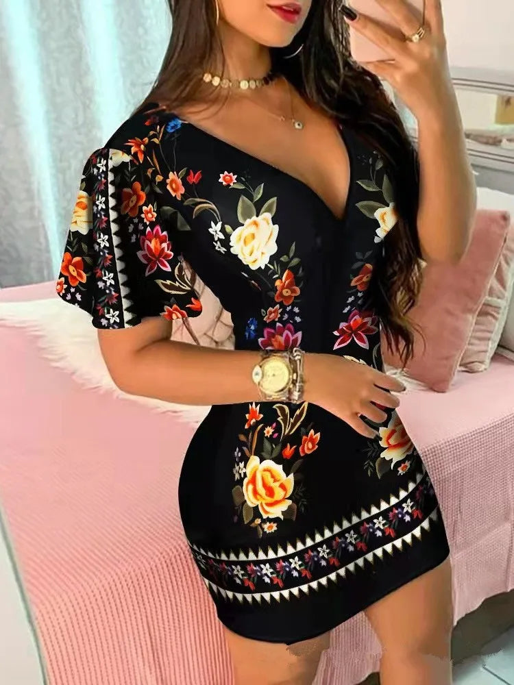 Summer Elegant Floral Print Bodycon Mini Dress Women 2024 Fashion Sexy Deep V-neck Package Hip Dresess Office Lady Party Dress - Seprincess