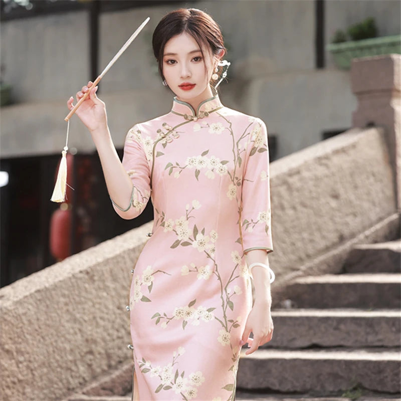 Elegant Print Qipao Chinese Style Costume Suede Fabric Long Cheongsam Stand Collar Mid Sleeve Side Slit Slim Fit Dress for Women - Seprincess