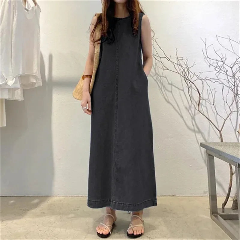 Women's Sleeveless Denim Long Dress Fashionable Round Neck Sleeveless Pocket Denim Skirt Loose Vest Denim Long Dress - Seprincess