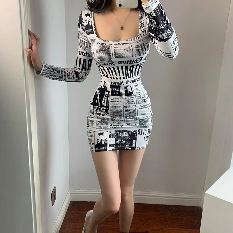 Hot-selling Printed Europe Newspaper Sexy Mini Dress 2020 Autumn New Fashion Street Shooting Slim Girl Female Square Collar ZW0 - Seprincess