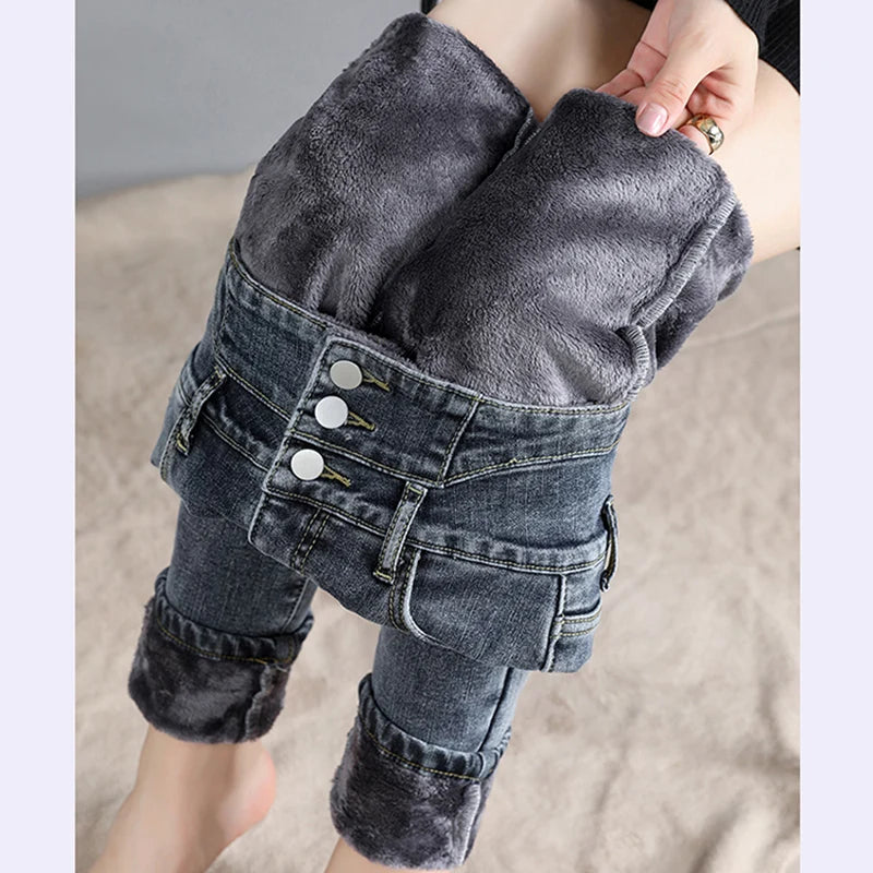 Winter Women Thick Velvet High Waist Skinny Jeans Simple Warm Fleece Slim Fit Stretch Trousers Casual Ladies Denim Pencil Pants