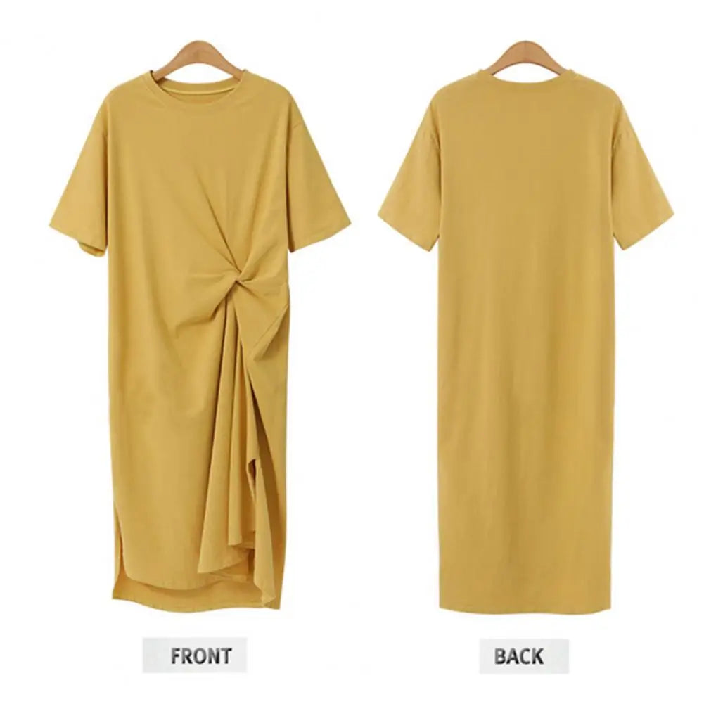 Women Summer Midi Dress Elegant Round Neck Dress Elegant Women's Summer Midi Long Dresses with O-neck Ruched Design for Casual - Seprincess