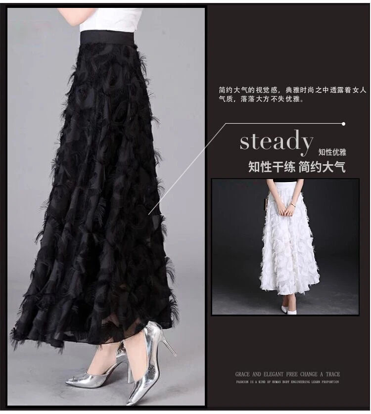 Spring Summer and Autumn New Chiffon High Waisted and Versatile A-line Skirt With Fluffy Tassels Ladies and Girls Black - Seprincess