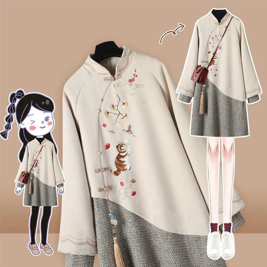 NEW Winter Plus Size Dress Women's Chinese Traditional Style Hanfu Cheongsam Embroidered Tang Suit Hooded Sweatshirt Vestidos - Seprincess