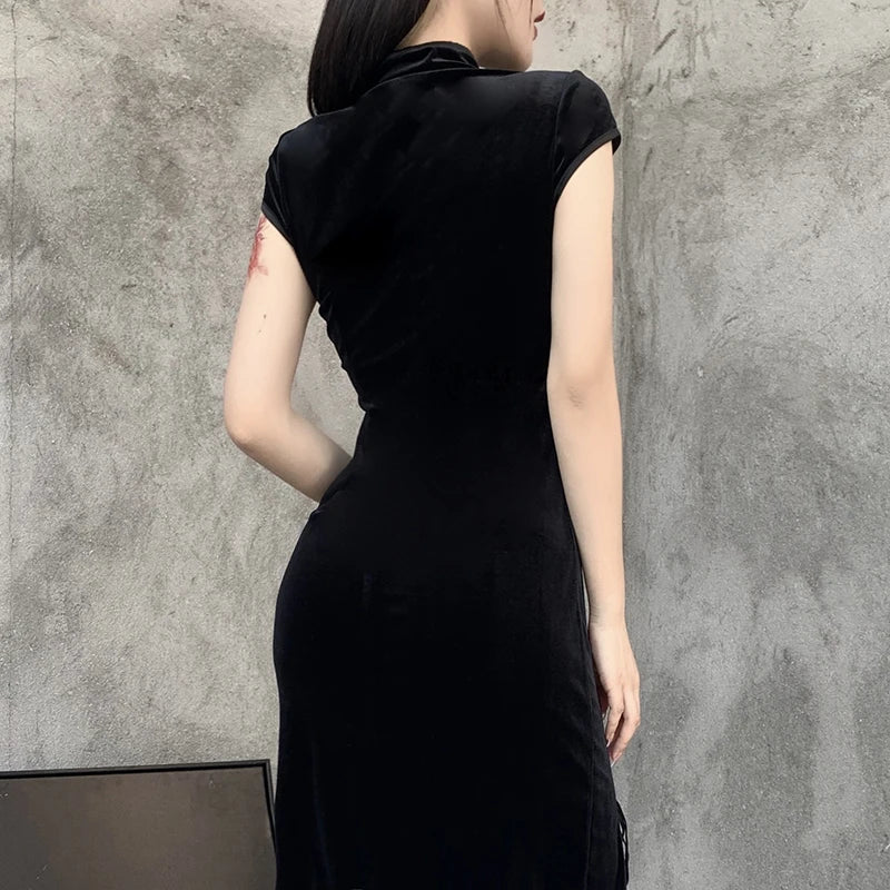 2024 Vintage Black Bandage Chinese Style Cheongsam High Split Velvet Dress Spring Retro Long Qipao Gothic Women Aesthetic Dress - Seprincess