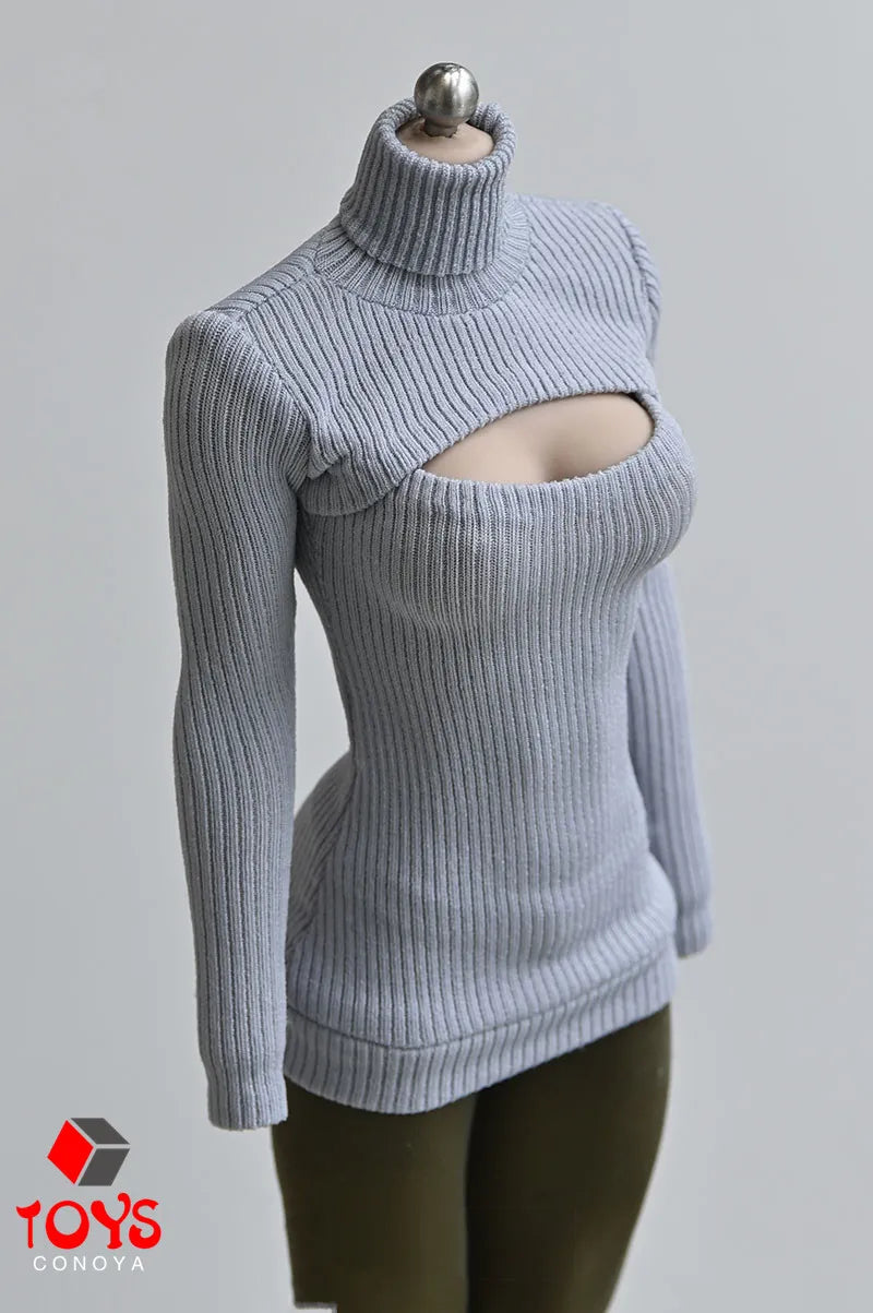 1/6 Scale Female Sweater Slim Elastic High Neck Knit Pullover Sexy Open Chest Tops Mini Sweater Dress for 12" Action Figure - Seprincess